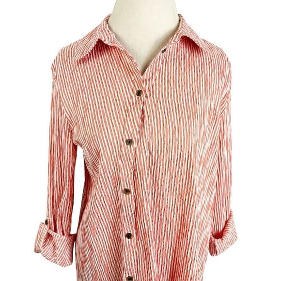 Jorli Red & White Asymmetrical Button Shirt Seersucker Lagenlook Tunic Size 16 - Picture 2 of 10